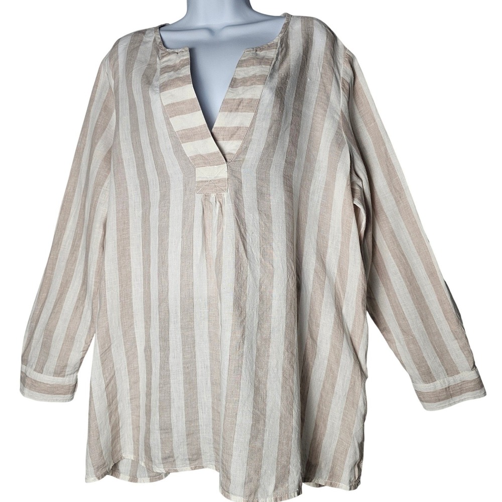 ANTIBES BLANC Linen Stripe V Neck Tunic‎ Top Plus Size 1X Long Sleeve Casual